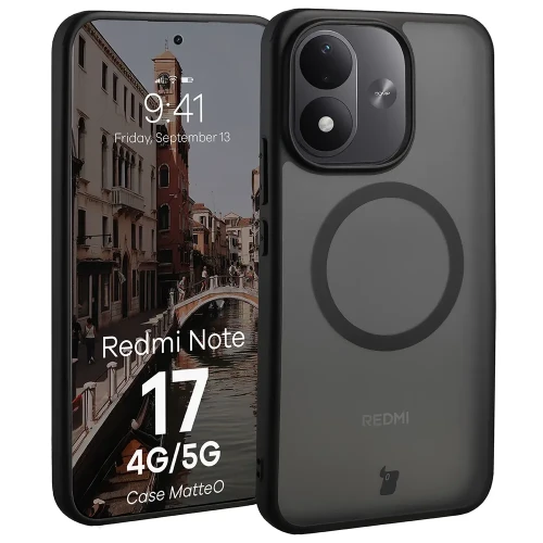 Etui z pierścieniem magnetycznym Bizon Case MatteO do Xiaomi Redmi Note 17 4G/5G, przydymione-czarne (1/7)