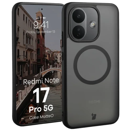 Etui z pierścieniem magnetycznym Bizon Case MatteO do Xiaomi Redmi Note 17 Pro 5G, przydymione-czarne (1/7)