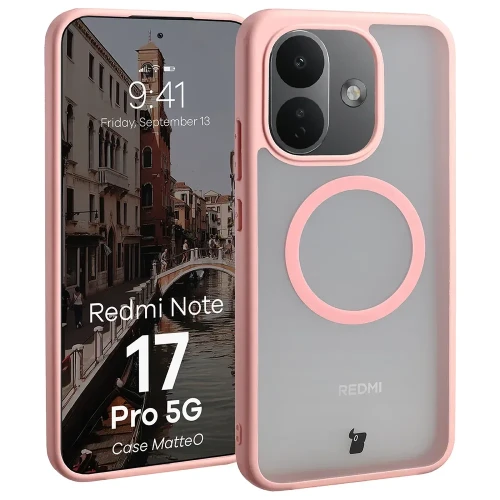 Etui z pierścieniem magnetycznym Bizon Case MatteO do Xiaomi Redmi Note 17 Pro 5G, przydymione-jasnoróżowe (1/7)
