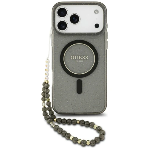 Etui Guess IML Glitter Pearl Strap do MagSafe ze smyczką do iPhone 18 Pro Max / 17 Pro Max, czarne (1/8)