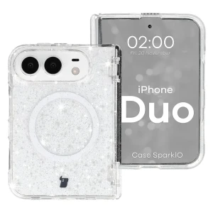 Etui brokatowe z pierścieniem magnetycznym Bizon Case SparklO do iPhone Duo, przezroczyste z brokatem
