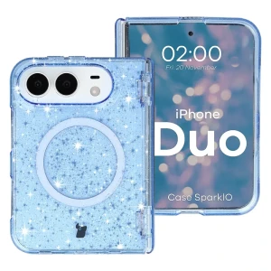 Etui brokatowe z pierścieniem magnetycznym Bizon Case SparklO do iPhone Duo, przezroczysto-jasnoniebieskie z brokatem