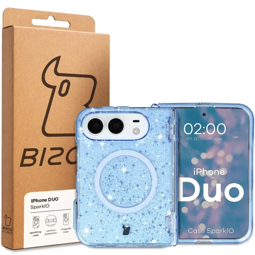 Etui brokatowe z pierścieniem magnetycznym Bizon Case SparklO do iPhone Duo, przezroczysto-jasnoniebieskie z brokatem (7/7)