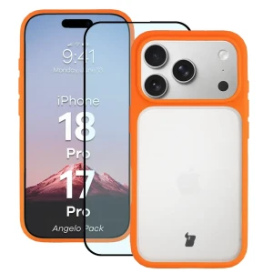 Etui + szkło hartowane Bizon Angelo Pack do iPhone 18 Pro / 17 Pro, półprzezroczyste z pomarańczową ramką