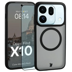 Etui z pierścieniem magnetycznym + szkło hartowane Bizon MatteO Pack do OPPO Find X10, przydymione-czarne