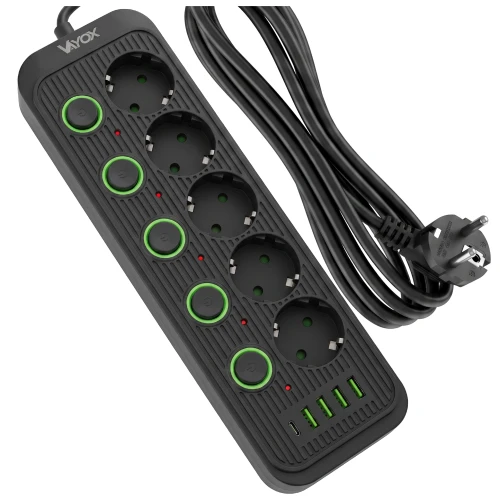 Listwa zasilająca/przedłużacz Vayox VA0473B-5, 5x gniazdo sieciowe Schuko, 1x USB-C, 4x USB-A, wraz z kablem 5m, czarna (1/12)