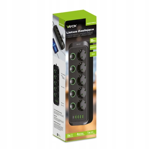 Listwa zasilająca/przedłużacz Vayox VA0473B-5, 5x gniazdo sieciowe Schuko, 1x USB-C, 4x USB-A, wraz z kablem 5m, czarna (10/12)