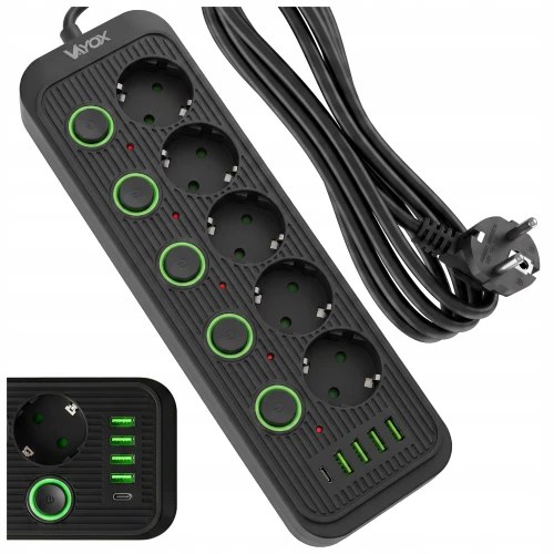 Listwa zasilająca/przedłużacz Vayox VA0473B-5, 5x gniazdo sieciowe Schuko, 1x USB-C, 4x USB-A, wraz z kablem 5m, czarna (12/12)