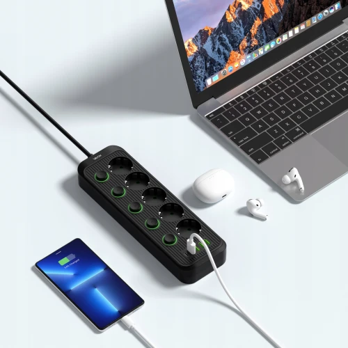 Listwa zasilająca/przedłużacz Vayox VA0473B-5, 5x gniazdo sieciowe Schuko, 1x USB-C, 4x USB-A, wraz z kablem 5m, czarna (2/12)