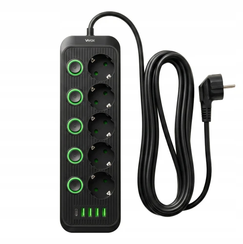 Listwa zasilająca/przedłużacz Vayox VA0473B-5, 5x gniazdo sieciowe Schuko, 1x USB-C, 4x USB-A, wraz z kablem 5m, czarna (3/12)