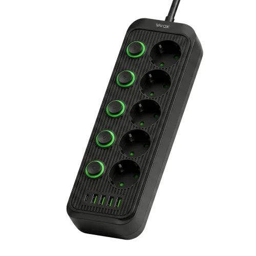 Listwa zasilająca/przedłużacz Vayox VA0473B-5, 5x gniazdo sieciowe Schuko, 1x USB-C, 4x USB-A, wraz z kablem 5m, czarna (4/12)