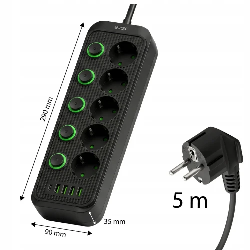 Listwa zasilająca/przedłużacz Vayox VA0473B-5, 5x gniazdo sieciowe Schuko, 1x USB-C, 4x USB-A, wraz z kablem 5m, czarna (6/12)