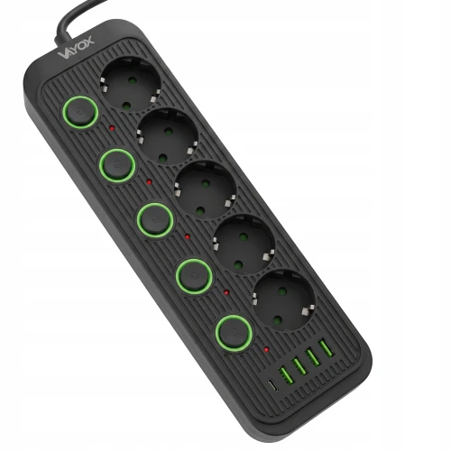 Listwa zasilająca/przedłużacz Vayox VA0473B-5, 5x gniazdo sieciowe Schuko, 1x USB-C, 4x USB-A, wraz z kablem 5m, czarna (7/12)