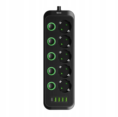 Listwa zasilająca/przedłużacz Vayox VA0473B-5, 5x gniazdo sieciowe Schuko, 1x USB-C, 4x USB-A, wraz z kablem 5m, czarna (8/12)