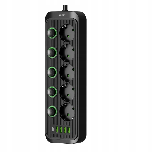 Listwa zasilająca/przedłużacz Vayox VA0473B-5, 5x gniazdo sieciowe Schuko, 1x USB-C, 4x USB-A, wraz z kablem 5m, czarna (9/12)