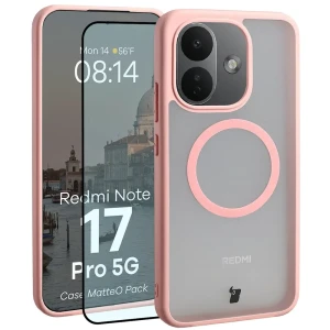 Etui z pierścieniem magnetycznym + szkło hartowane Bizon MatteO Pack do Xiaomi Redmi Note 17 Pro 5G, przydymione-jasnoróżowe