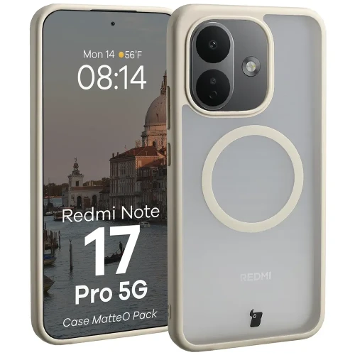 Etui z pierścieniem magnetycznym + szkło hartowane Bizon MatteO Pack do Xiaomi Redmi Note 17 Pro 5G, przydymione-beżowe (3/9)
