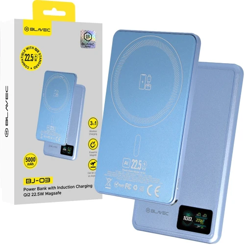 Magnetyczny powerbank indukcyjny do MagSafe 3 w 1 Blavec BJ-03 Ultra Slim 5 000 mAh, 22,5W, USB-C, jasnoniebieski (1/6)