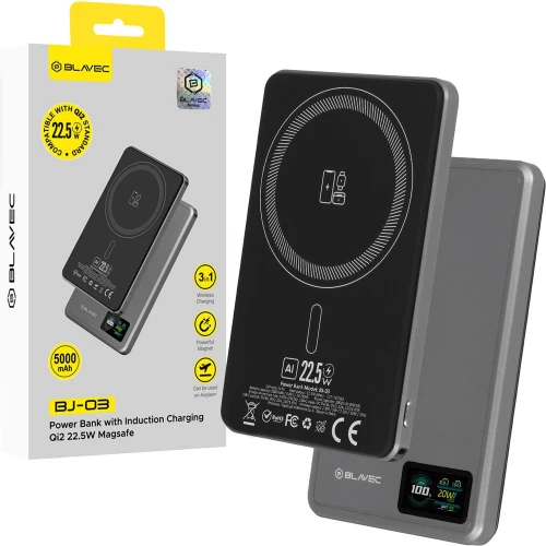Magnetyczny powerbank indukcyjny do MagSafe 3 w 1 Blavec BJ-03 Ultra Slim 5 000 mAh, 22,5W, USB-C, szary (1/18)
