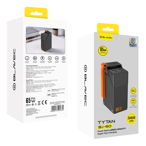 Powerbank Blavec BJ-50 Tytan 30 000 mAh, 65W, 2x USB-C, 2x USB-A, + kabel USB-C, czarny (7/8)