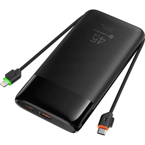 Powerbank Forcell F20K6, 20000 mAh, USB-C, USB-A, 45W, 3A, PD, QC 3.0 z wbudowanymi kablami USB-C i Lightning, czarny (1/10)