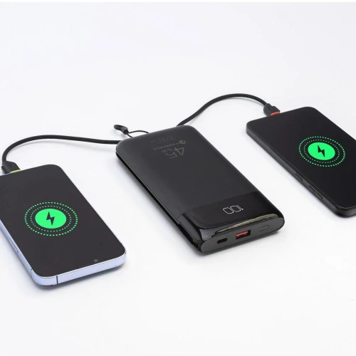 Powerbank Forcell F20K6, 20000 mAh, USB-C, USB-A, 45W, 3A, PD, QC 3.0 z wbudowanymi kablami USB-C i Lightning, czarny (4/10)