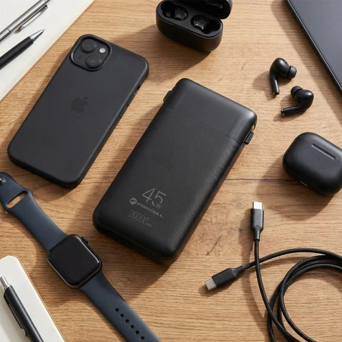 Powerbank Forcell F20K6, 20000 mAh, USB-C, USB-A, 45W, 3A, PD, QC 3.0 z wbudowanymi kablami USB-C i Lightning, czarny (6/10)