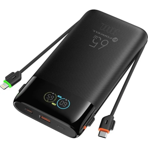 Powerbank Forcell F20K6, 27000 mAh, USB-C, USB-A, 65W, 3A, PD, QC 3.0 z wbudowanymi kablami USB-C i Lightning, czarny (1/5)