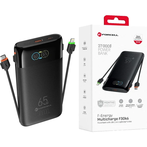 Powerbank Forcell F20K6, 27000 mAh, USB-C, USB-A, 65W, 3A, PD, QC 3.0 z wbudowanymi kablami USB-C i Lightning, czarny (2/5)