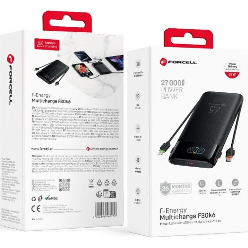 Powerbank Forcell F20K6, 27000 mAh, USB-C, USB-A, 65W, 3A, PD, QC 3.0 z wbudowanymi kablami USB-C i Lightning, czarny (5/5)