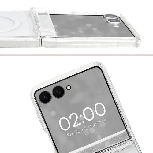 Etui brokatowe z pierścieniem magnetycznym Bizon Case SparklO do Galaxy Z Flip8, przezroczyste z brokatem (5/6)