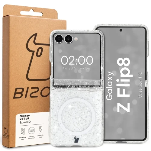 Etui brokatowe z pierścieniem magnetycznym Bizon Case SparklO do Galaxy Z Flip8, przezroczyste z brokatem (6/6)