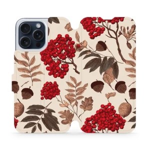 Etui z klapką do iPhone 15 Pro Max, Mobiwear Book, jarzębina na ecru