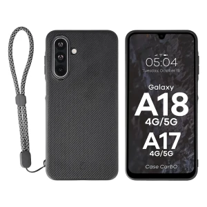 Etui ze smyczką na nadgarstek i pierścieniem magnetycznym Bizon Case CarbO do Galaxy A18 4G/5G / A17 4G/5G, czarne