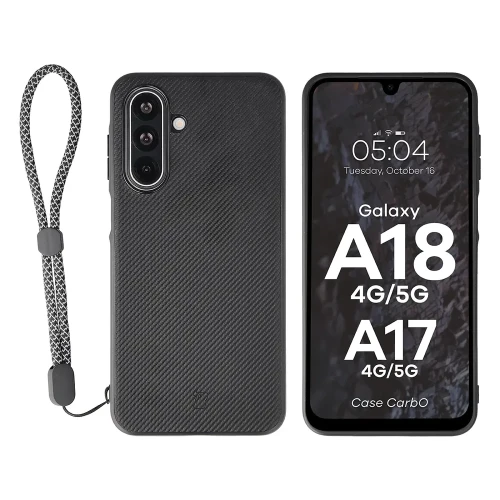 Etui ze smyczką na nadgarstek i pierścieniem magnetycznym Bizon Case CarbO do Galaxy A18 4G/5G / A17 4G/5G, czarne (1/6)
