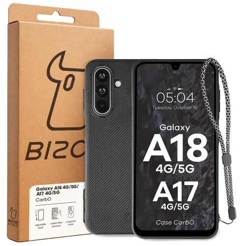 Etui ze smyczką na nadgarstek i pierścieniem magnetycznym Bizon Case CarbO do Galaxy A18 4G/5G / A17 4G/5G, czarne (6/6)