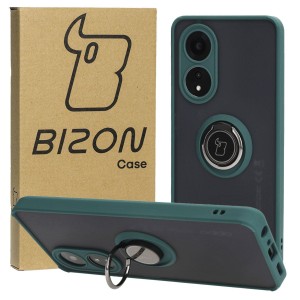 Etui z uchwytem na palec Bizon Case Hybrid Ring do Oppo A58 4G, przydymione z ciemnozieloną ramką