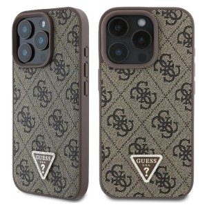 Etui Guess Hardcase Leather 4G Triangle Strass do iPhone 16 Pro, brązowe