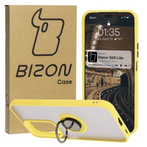 Etui z uchwytem na palec Bizon Case Hybrid Ring do Honor 200 Lite, przydymione z żółtą ramką