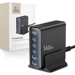 Multi Ładowarka biurkowa Tech-Protect  CD140W - GaN 5-Port Deskop Charger , USB-A / USB-C, czarna