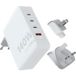 Ładowarka sieciowa, turystyczna GaN 3x USB-C, USB-A, 140W, Xtorm Travel Charger, adaptery UK / USA / EU, kabel USB-C, biała