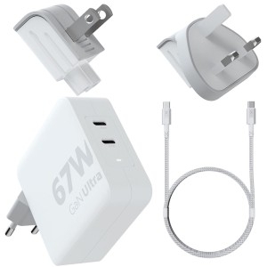 Ładowarka sieciowa, turystyczna GaN 2x USB-C PD, 67W, Xtorm, adaptery UK / USA / EU, kabel USB-C, biała