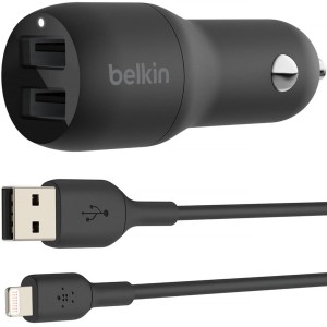 Ładowarka samochodowa Belkin Boost Car Dual USB-A 12W+12W MFi + kabel Lightning 1m, czarna