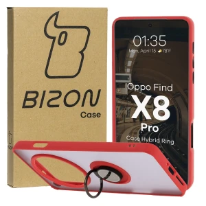 Etui z uchwytem na palec Bizon Case Hybrid Ring do Oppo Find X8 Pro, przydymione z czerwoną ramką