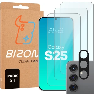 3x Szkło hartowane + szybka na aparat Bizon Glass Clear 2 Pack do Galaxy S25