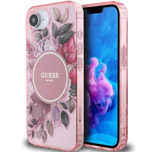 Etui Guess IML Flowers MagSafe do iPhone 16e, różowo-przezroczyste 