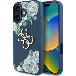 Etui Guess Grained Roses Big 4G do iPhone 16, niebieskie z kwiecistym wzorem