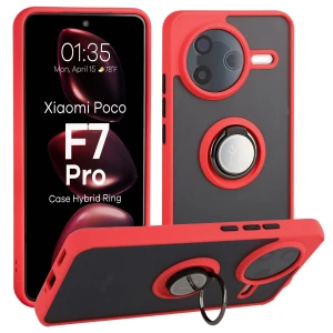 Etui z uchwytem na palec Bizon Case Hybrid Ring do Xiaomi POCO F7 Pro, przydymione z czerwoną ramką