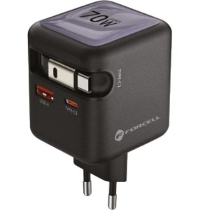 Ładowarka sieciowa GaN3 USB-C PD, USB-A QC 4.0, 70W, Forcell F-Energy, zwijany kabel USB-C, czarno-szara