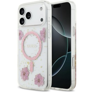 Etui Guess Resin Flowers Glitter MagSafe do iPhone 17 Pro Max, różowe z kwiecistym wzorem